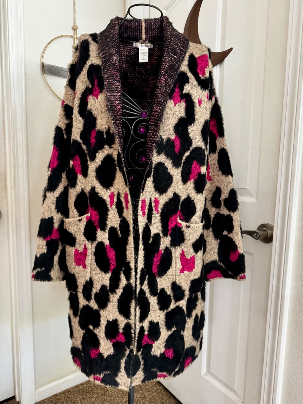 K. Jordan Cozy Knit Cardigan in Beige, Black & Pink